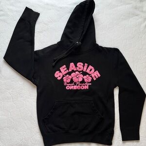 Seaside Oregon Black Hoodie Pink Floral 🌸 Pullover Sweatshirt Hoodie SZ S